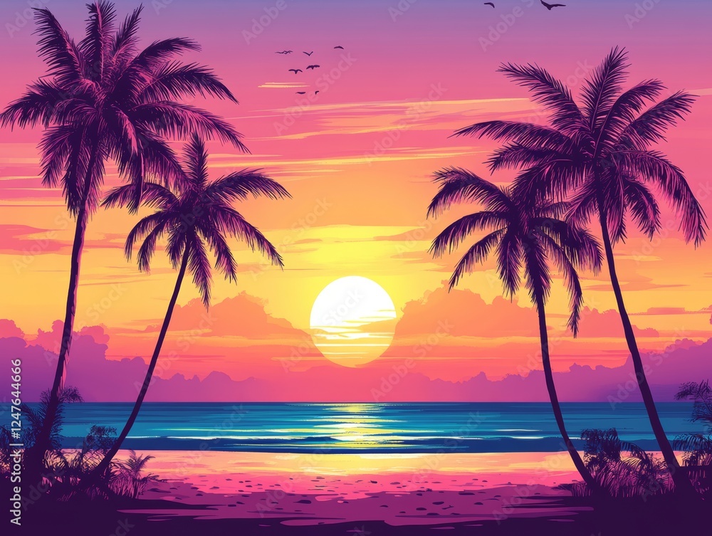 Obraz premium Palm trees silhouetted against a sunset on a tropical beach. - ai