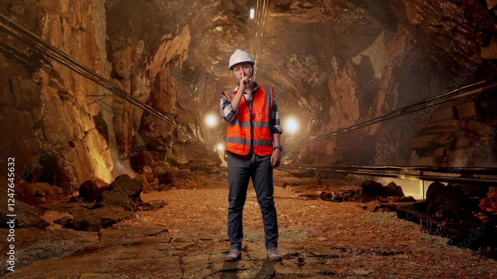Full Body Of Asian Male Engineer With Safety Helmet Making Shh Gesture While Standing In Underground Mine Tunnel Full Body Of Asian Male Engineer With Safety Helmet Making Shh Gesture While Standing In Underground Mine Tunnel