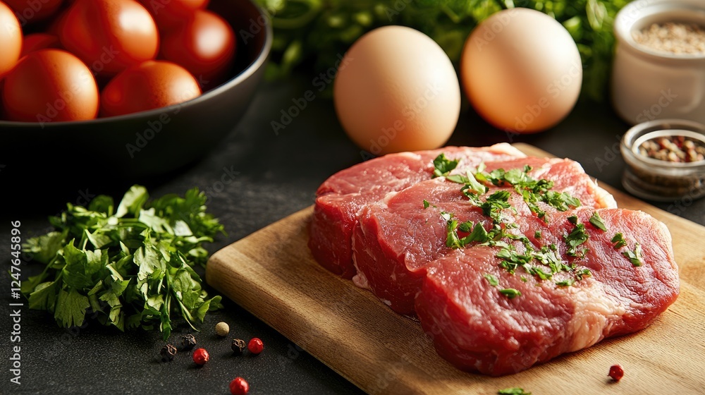 A neatly arranged kitchen workspace with fresh eggs, raw meat, and herbs on a cutting board. A neatly arranged kitchen workspace with fresh eggs, raw meat, and herbs on a cutting board.