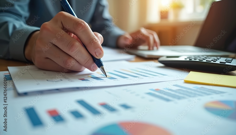 Businessman analyzes financial data. Reviews graphs, charts on documents. Uses pen, calculator to find growth opportunities for past year. Working on business plan. Laptop nearby. Documents cover Businessman analyzes financial data. Reviews graphs, charts on documents. Uses pen, calculator to find growth opportunities for past year. Working on business plan. Laptop nearby. Documents cover