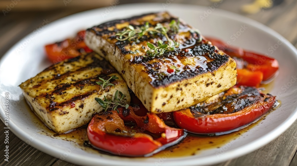 A plate of grilled tofu with roasted bell peppers and a light soy dressing. A plate of grilled tofu with roasted bell peppers and a light soy dressing.
