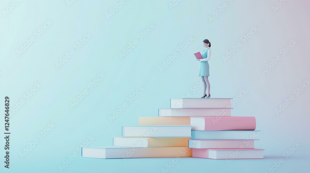 Woman on books reaching for knowledge and growth. Woman on books reaching for knowledge and growth.
