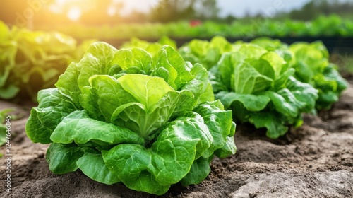Fresh Green Lettuce Grows in a Sunny Vegetable Garden Under Bright Clear Skies