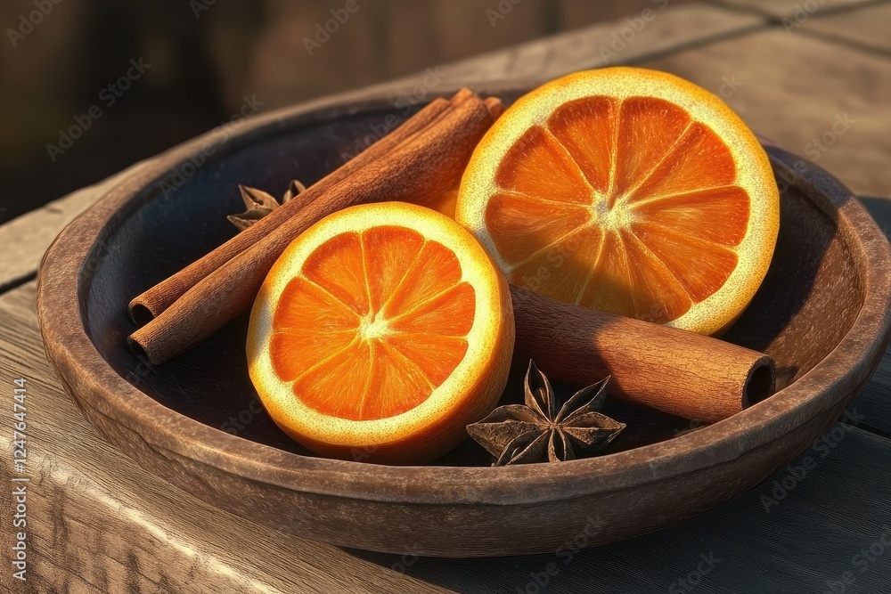 Fresh Oranges and Cinnamon Sticks Arranged Elegantly on a Rustic Wooden Table Surface Fresh Oranges and Cinnamon Sticks Arranged Elegantly on a Rustic Wooden Table Surface