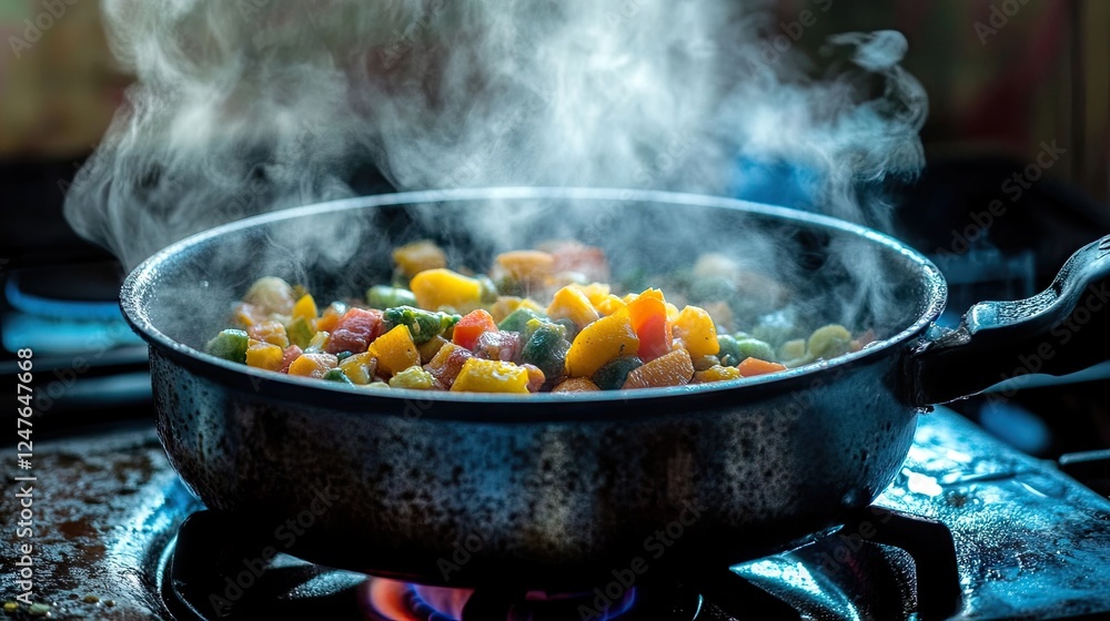 A steaming pot on a stovetop with vegetables inside. A steaming pot on a stovetop with vegetables inside.