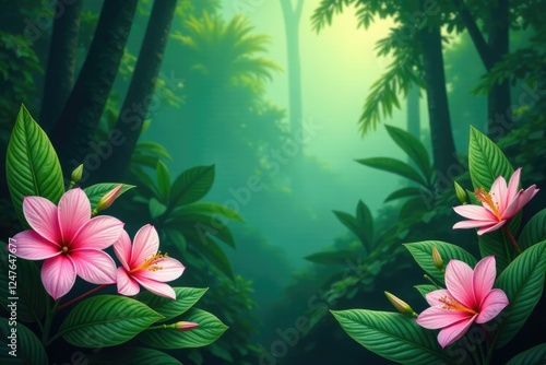 Tropical jungle background with pinkish-white flowers, greenery, jungle, flowers photo