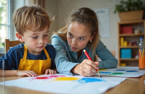 Young female teacher helps boy with Down syndrome to color painting in classroom. Work together on creative activity. Happy, engaged. Learning, development of children with special needs. Indoor