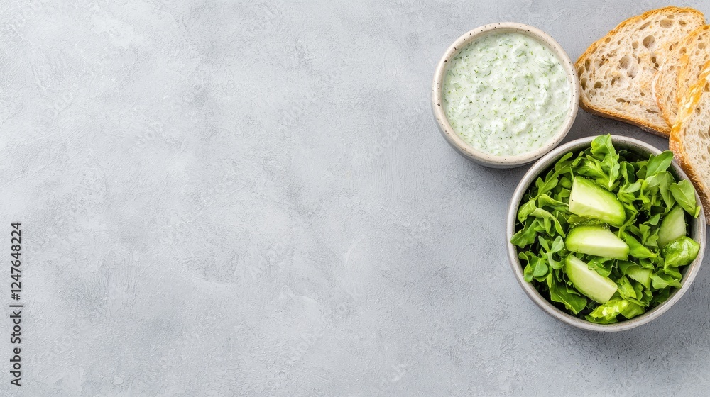 Healthy green salad with dip and bread, overhead shot, grey background, food photography Healthy green salad with dip and bread, overhead shot, grey background, food photography
