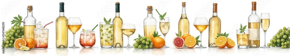 Obraz premium Colorful watercolor illustration shows various cocktails, drinks. Different beverages presented with bottles, glasses. Fruits like oranges, grapes strategically placed around drinks. White background