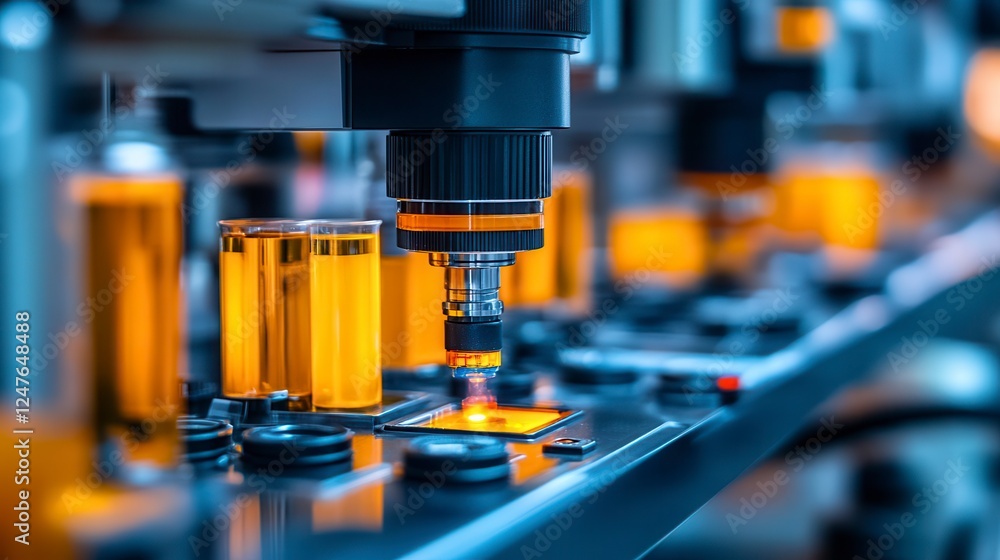 Automated Industrial Machinery Processing Amber Containers Automated Industrial Machinery Processing Amber Containers