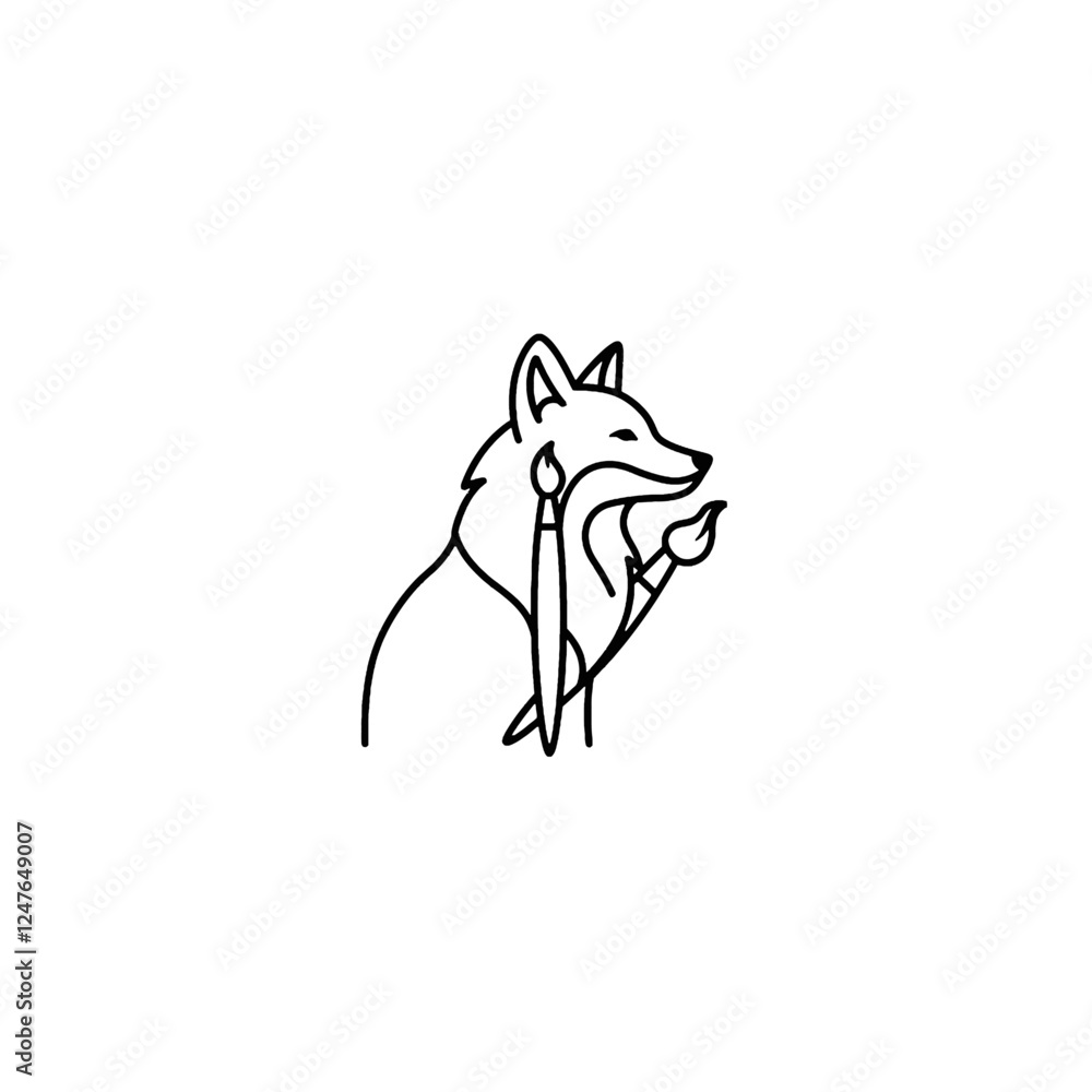 Fototapeta premium Minimalist Line Art Featuring a Wolf Holding Painting Brushes