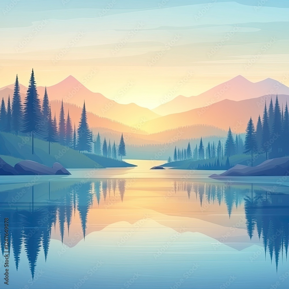 Fototapeta premium Serene sunrise over calm lake reflecting mountains and pine trees.