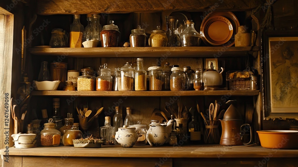 A well-organized pantry with shelves stocked with various seasonings, sauces, and cooking essentials. A well-organized pantry with shelves stocked with various seasonings, sauces, and cooking essentials.