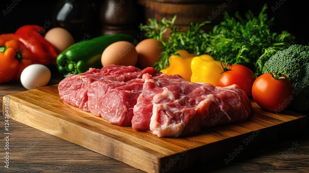 A wooden kitchen island filled with raw meat, eggs, and colorful fresh vegetables. A wooden kitchen island filled with raw meat, eggs, and colorful fresh vegetables.