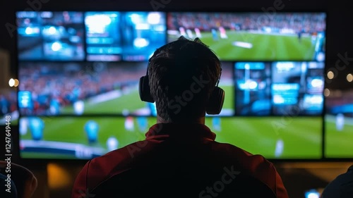 Man watching multiple soccer games on a large screen