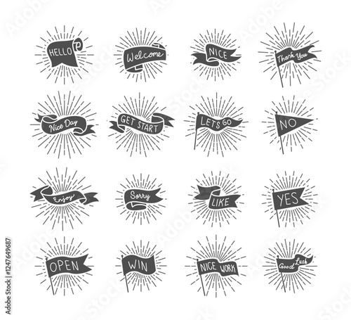 Set of retro vintage flag banner collection with banners with text hello, welcome, nice, thank you, enjoy, sorry, win, good luck, like, yes. Vintage flag set with sunburst or light rays silhouette.