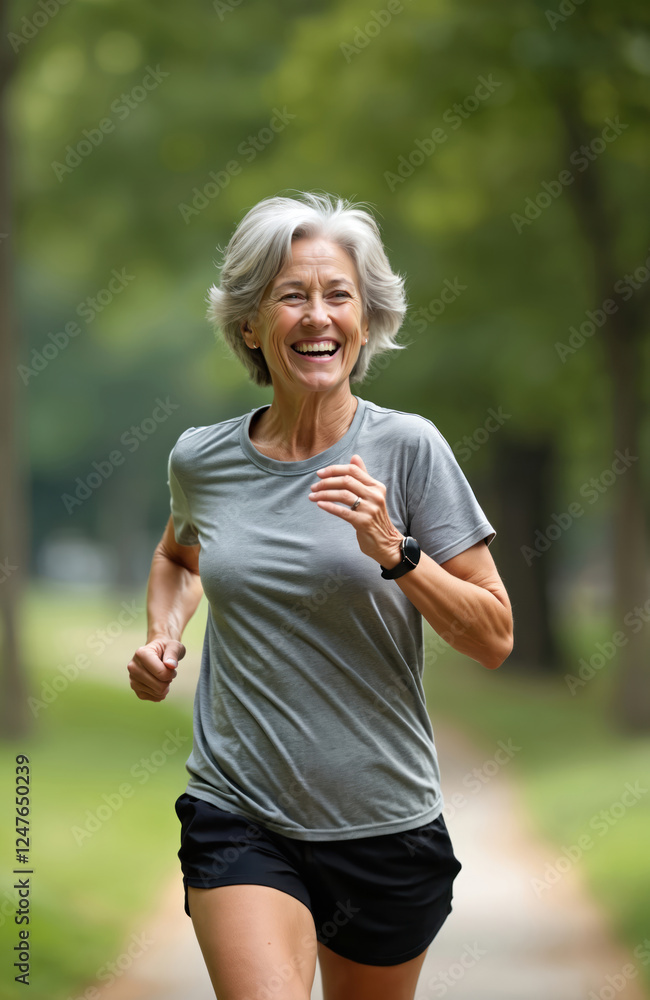 Happy senior lady jogging in park. Active retired woman enjoys outdoor exercise. Healthy lifestyle, wellness. Older woman running happily. Well-being in nature. Focus on fitness in retirement.