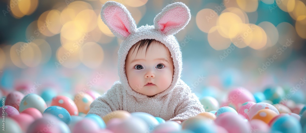 Easter bunny baby in egg pit, bokeh Easter bunny baby in egg pit, bokeh