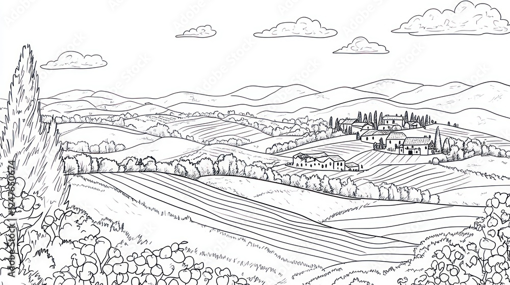 Tuscan hills, farmland, village, sunset, coloring page Tuscan hills, farmland, village, sunset, coloring page
