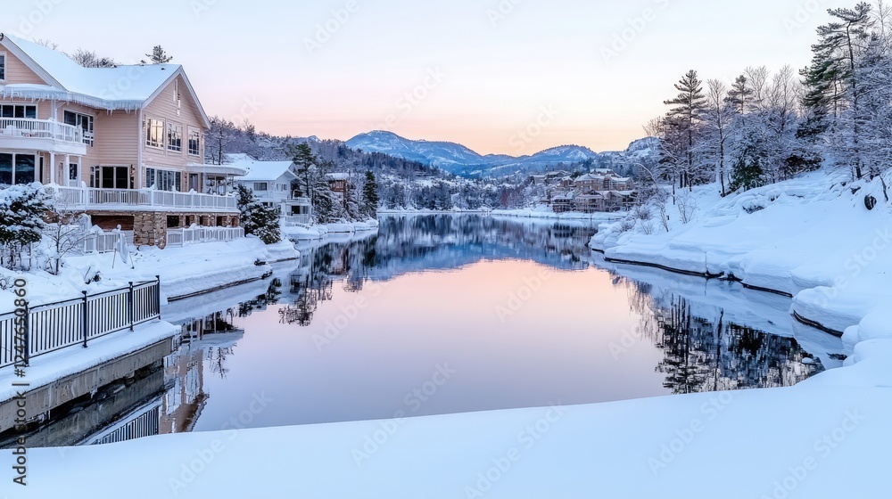 Fototapeta premium Winter sunrise over snowy lake and houses