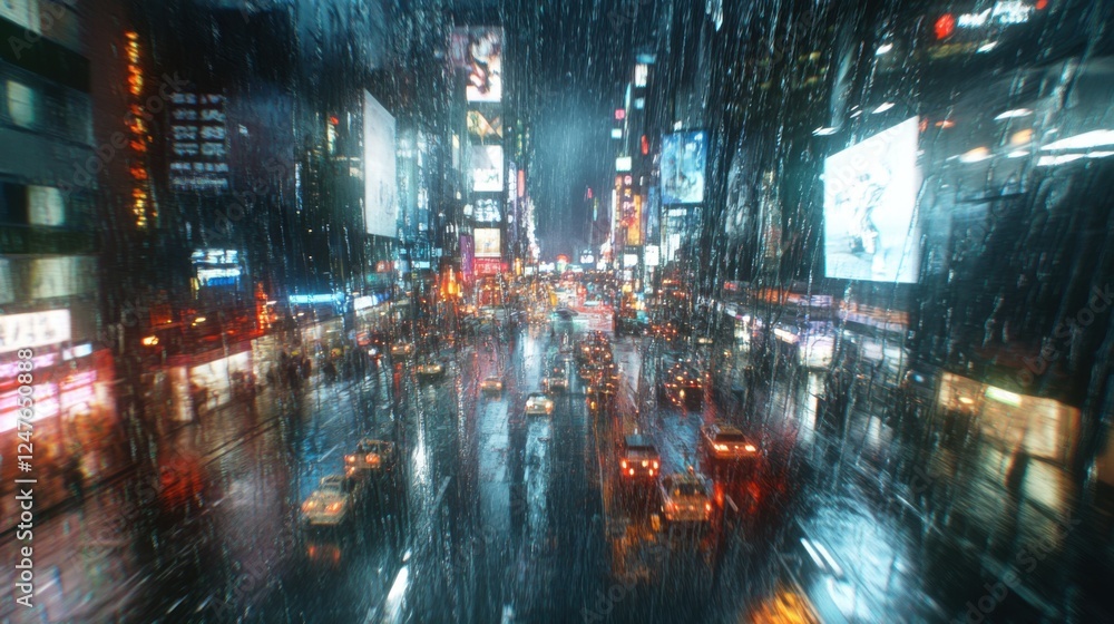 Fototapeta premium rainy night cityscape traffic lights reflections wet streets