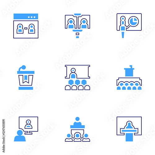 Conference icon set. Bold line style. Duotone colors. Editable stroke. conference, meetingroom, onlineconference, videocall, seminar, introduction