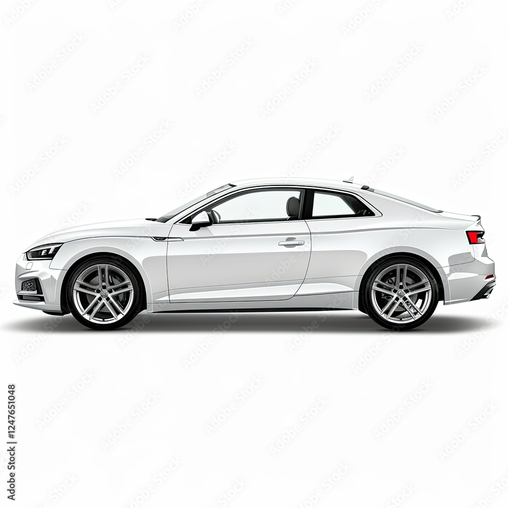 A sleek, modern white coupe car viewed from the side, showcasing its design and features. isolated on white background A sleek, modern white coupe car viewed from the side, showcasing its design and features. isolated on white background