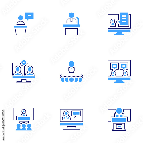 Conference icon set. Bold line style. Duotone colors. Editable stroke. presentation, onlinemeeting, conference, declare, conversation, computer