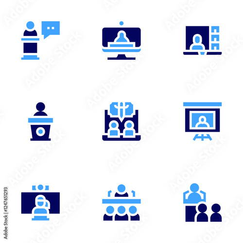 Conference icon set. Bold style. Duotone colors. speech, conference, onlineconference, virtualmeeting, virtualevent, publicspeaking, videoconference, webinar