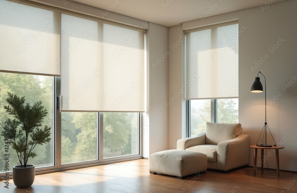 Fototapeta premium Modern room with automated interior roller blinds. Large windows offer view of green plants. Comfortable light beige armchair, ottoman sit near window. Stylish simple design. Perfect for modern tech