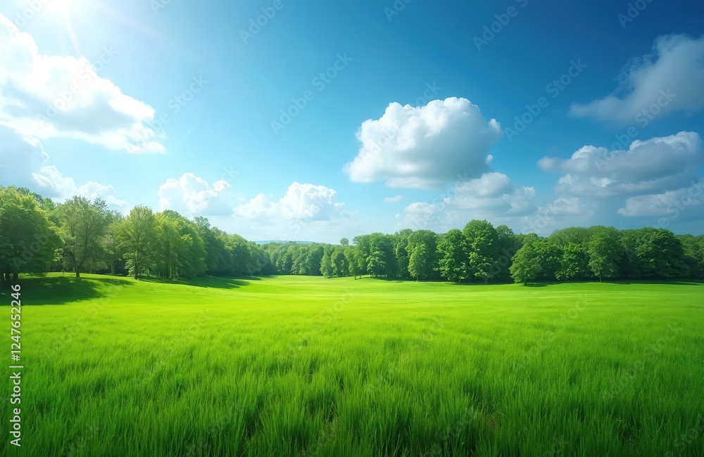 Stunning summer landscape with vivid green field stretching to line of rich trees under vast blue sky dotted with fluffy clouds. Perfect rural setting for peaceful countryside experience. Clear Stunning summer landscape with vivid green field stretching to line of rich trees under vast blue sky dotted with fluffy clouds. Perfect rural setting for peaceful countryside experience. Clear