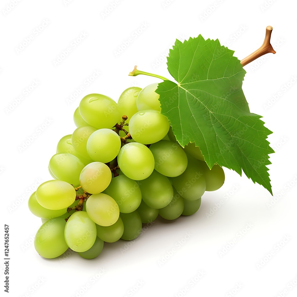 Green grapes with leaf fruit on white background Green grapes with leaf fruit on white background