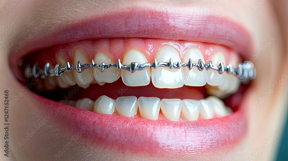 Obraz premium Close-up view of a person's smile with metal braces, showcasing dental health and orthodontic treatment. Perfect smile, healthy teeth, and gums.