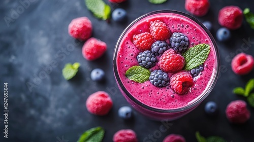 Delicious berry smoothie with fresh raspberries and blackberries photo