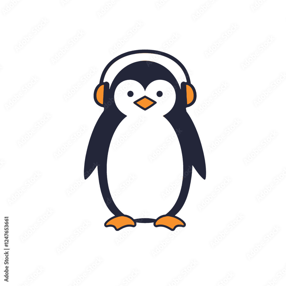 Obraz premium Cartoon Penguin Wearing Headphones Illustration on White Background