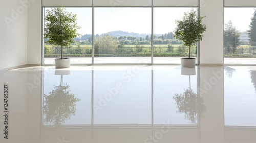 Modern office, scenic view, plants, empty floor, real estate