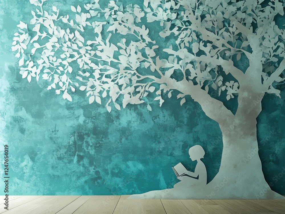 Child Reading Under a Dreamy Tree Imagination and Wonder Wall Art Illustration in Blue and White