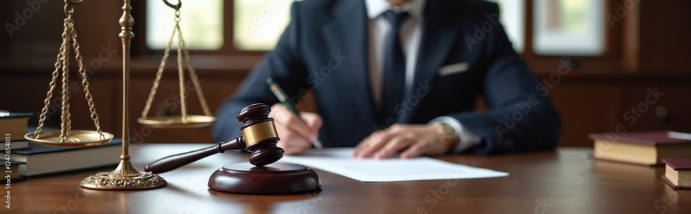 Lawyer working at desk. Man in suit signs contract. Gavel, scales of justice. Legal documents, books. Office setting. Formal business environment. Pro law concept. Legal services. Law firm. Justice. Lawyer working at desk. Man in suit signs contract. Gavel, scales of justice. Legal documents, books. Office setting. Formal business environment. Pro law concept. Legal services. Law firm. Justice.