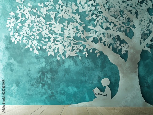 Obraz na płótnie Child Reading Under a Dreamy Tree Imagination and Wonder Wall Art Illustration in Blue and White w salonie