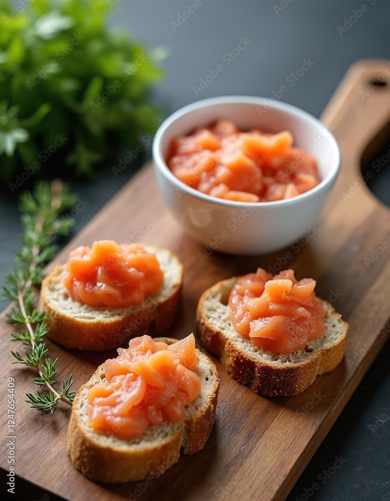 Appetizing salmon rillettes on toasted bread slices. Fresh herbs, spices. Modern presentation on wooden cutting board. Perfect for elegant appetizer starter. Ideal for light meal as component of Appetizing salmon rillettes on toasted bread slices. Fresh herbs, spices. Modern presentation on wooden cutting board. Perfect for elegant appetizer starter. Ideal for light meal as component of