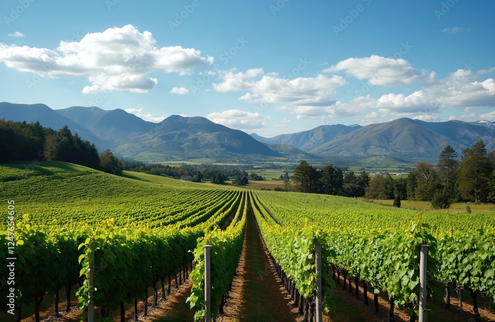 Fototapeta premium Vast vineyard landscape stretches across hills under sunny day. Rich green grapevines form rows. Marlborough region of New Zealand evident. Scenic countryside view. Agricultural scene shows healthy