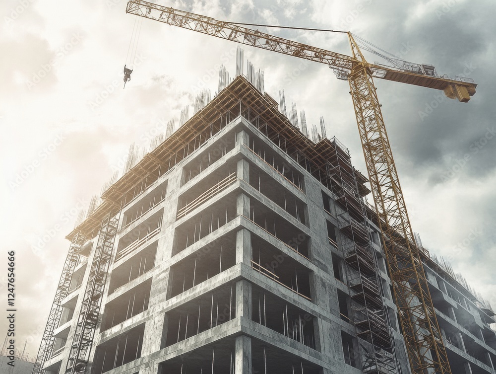 Fototapeta premium Construction Site Building with Tall Crane Against a Dramatic Cloudy Sky Backdrop Urban Development
