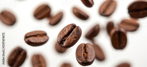 Coffee beans fly in air against white background. Coffee beans in motion. Brown beans float in mid-air. Isolated coffee beans. Food photo. Quality coffee beans. High resolution photo. Great for photo