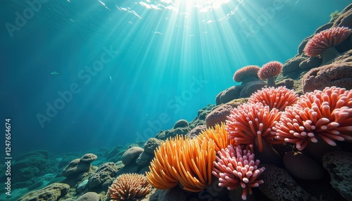 Vibrant Coral Reef Underwater Scene Illuminated by Natural Light photo