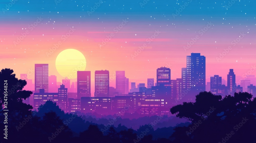 Vibrant sunset over city skyline silhouette art Vibrant sunset over city skyline silhouette art