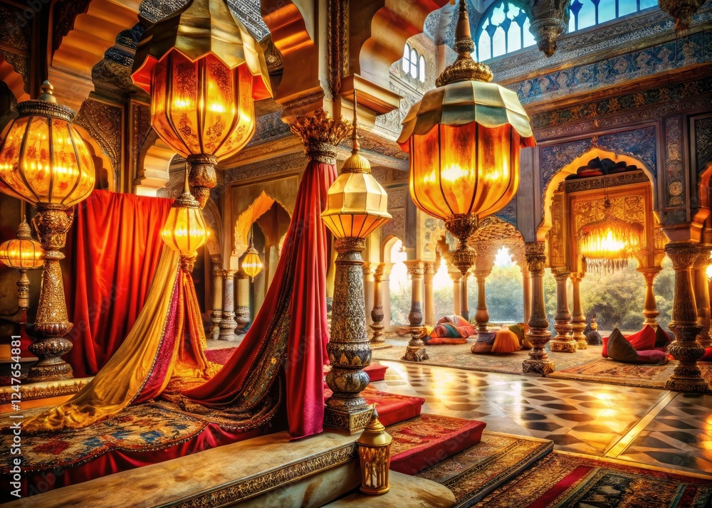 Obraz premium Mystical palace lighting: surreal photography captures dreamlike Indian royal hanging lamps.