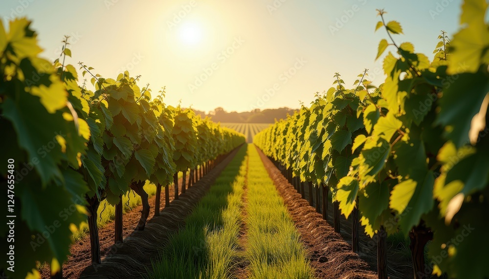 Naklejka premium Golden Sunset Over Lush Vineyard Landscape