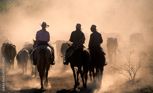 Stockmen mustering beef cattle in Western Queensland, Australia.