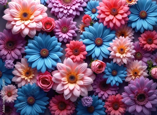 Colorful floral pattern. Different shades of pink purple, blue flowers arranged in decorative style. Variety of flowers in spring, summer colors. Abstract floral design on background. Floral