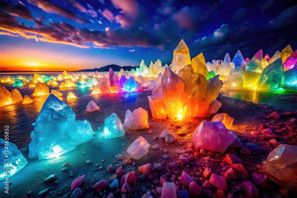 Obraz premium Night's canvas: glowing salt flats, vibrant crystal formations captured in breathtaking photography.
